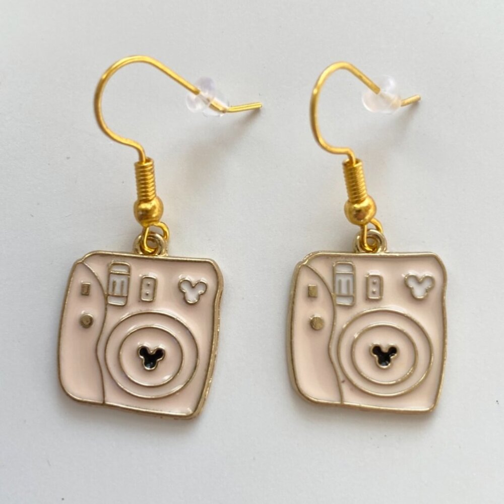 Disney Polaroid Camera Retro Hidden Mickey Mouse GOLD STAINLESS STEEL Earrings